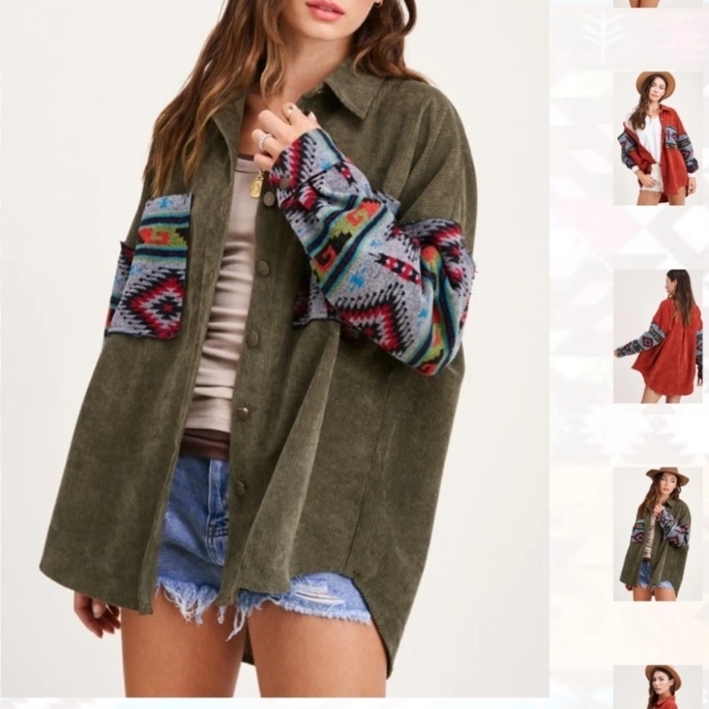 La Miel Corduroy Green Button Up Shirt Jacket Shacket Aztec Print Women’s Sz S